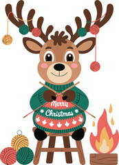 Fototapeta premium Adorable reindeer knitting by the fire in festive Christmas sweater
