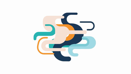 Abstract, wavy, rounded shapes in navy, teal, orange, light pink, light blue on white, forming an overlapping flow