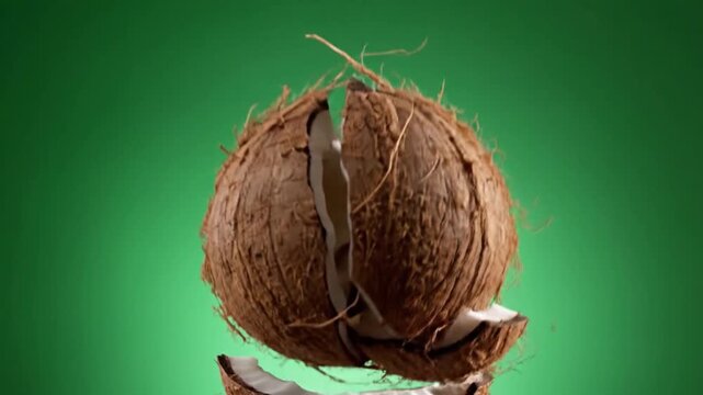 Coconut suspended in mid-air against vibrant green gradient background