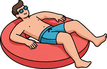 Naklejka premium An illustration of a man with sunglasses and blue shorts relaxing on a red inflatable float