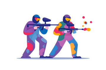 Action-Packed Paintball Game: Two players, geared up in protective gear, engage in a vibrant paintball match, with paintballs in the air, creating a dynamic scene of competition and fun.