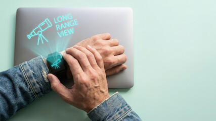 Futuristic smartwatch long range view high tech level concept planning hologram on wrist