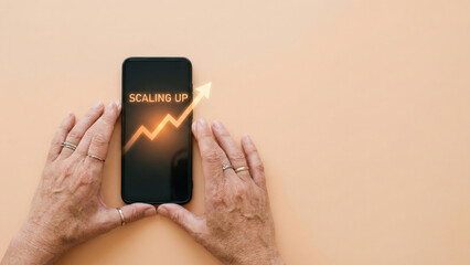 Business growth concept high level planning on mobile phone screen with orange arrow up minimal background motivation