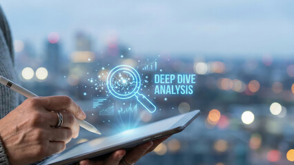 Data analysis business analytics digital tablet stylus pen magnifying glass high tech level chart planning strategy data visualization city