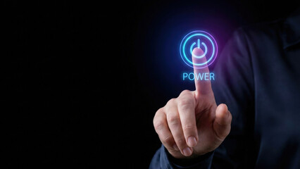 Power button finger touch technology high contrast blue light digital planning level concept power gesture dark background with modern interface