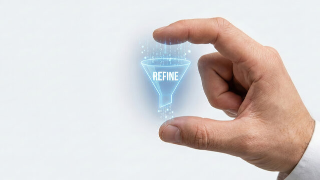 Data filter refine funnel hand high level planning data filter refine funnel icon human hand high level planning concept for process optimization