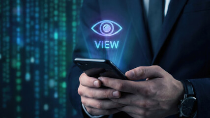 Cybersecurity high level planning mobile privacy concept view eye icon hologram data protection business man suit smartphone screen