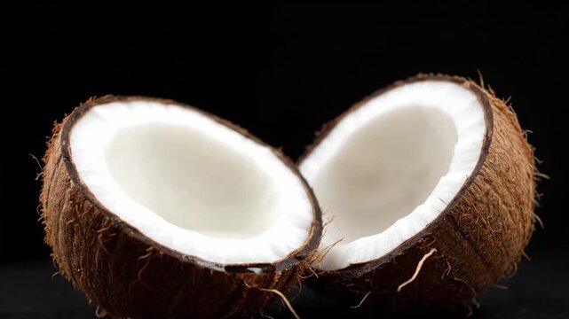 Halved coconut on black background