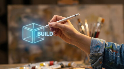 Futuristic design hand high level planning build concept glowing cube digital art tool