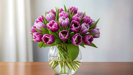 Vibrant bouquet of fresh purple and pink tulips in a clear glass vase, perfect for spring and home decor.