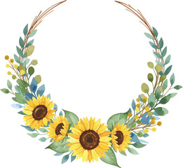 Beautiful floral necklace with sunflowers and green leaves on white background