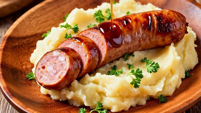 Sliced sausage on mashed potatoes