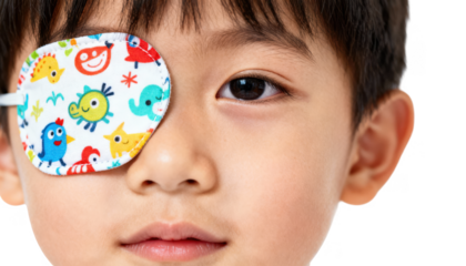 Closeup photo of a childs stronger eye covered by a fun patterned eye patch against white background symbolizing eye patch therapy to strengthen the weaker eye.