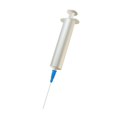 A medical syringe with a blue needle on a white background