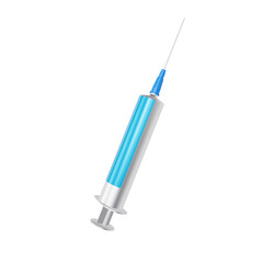 A medical syringe with a blue and white design on a plain background