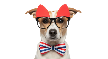 Cute Jack Russell dog wearing red ears glasses and a bow tie looking directly at the camera on a white background.