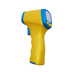 A yellow and blue digital infrared thermometer gun on a white background