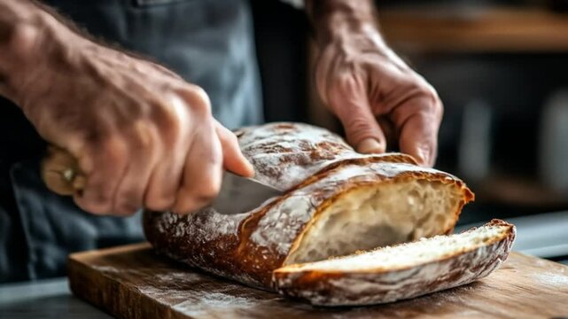 Artisan bread loaf being sliced with knife on wooden cutting board