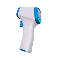 A white and blue infrared thermometer gun on a plain background