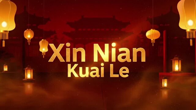 Radiant Chinese New Year celebration featuring traditional lanterns and elegant architecture, extending the joyous greeting of Gong Xi Fa Cai for a prosperous Lunar New Year