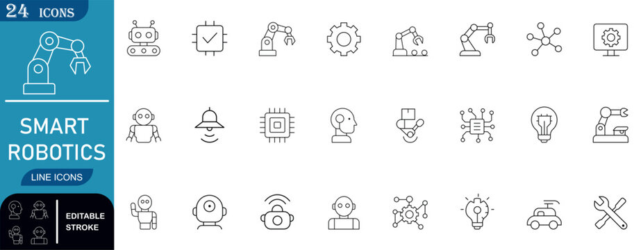 Professional smart robotics line icons featuring automation, industrial arms, AI, and sensors. Ideal for future tech projects, engineering, and manufacturing UI.