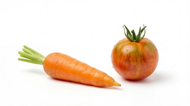 Freshly picked vibrant carrot and a colorful heirloom tomato with water droplets against white background