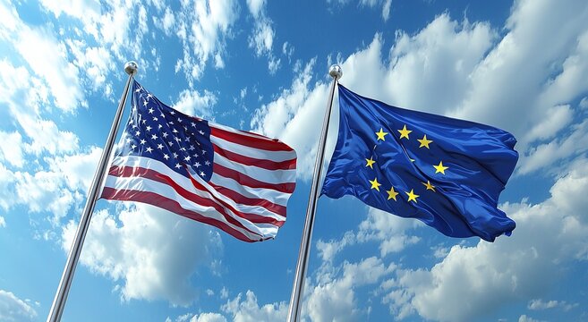 American and European flags flying on poles against cloudy sky