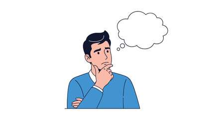 Cartoon of a man in a blue sweater with a hand on his chin thinking deeply with an empty thought bubble on white background.