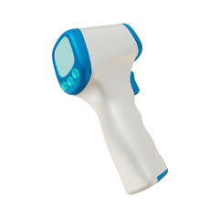 A white and blue digital infrared thermometer gun on a plain background