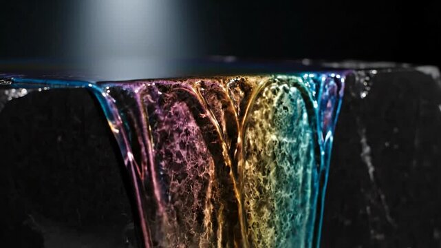 Colorful liquid cascading over a dark stone surface with a soft light backdrop