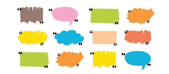 Text box frame set with quotation mark. Hand drawn marker brush stroke text talk message frame background. Quotation mark dialog speech, square, chat color design template. Vector illustration