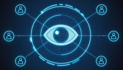 Digital Watch: Futuristic representation of digital surveillance with an eye, and surrounding user icons in a stylized depiction of monitoring and data security.