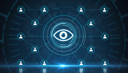 Network Surveillance: Digital Eye Watching Connections. Illustrating data monitoring, and network security concepts in a photorealistic and impactful manner.
