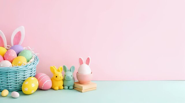 Easter bunny rabbit sitting next to colorful holiday egg. Spring celebration animal posing with pastel hunt decoration. Cute fluffy mammal on pink background for festive greeting card with copy space.
