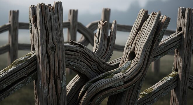 Closeup of an old weathered wooden fence with moss and lichen against a blurry misty background