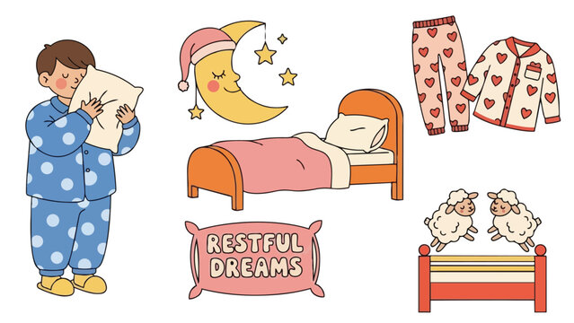 Cute little boy in blue polka dot pajamas hugging pillow with sleep themed elements including moon stars bed and restful dreams pillow