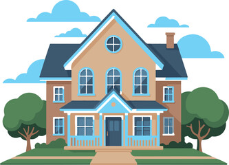Fototapeta premium Beautiful two-story house with porch and trees on a sunny day