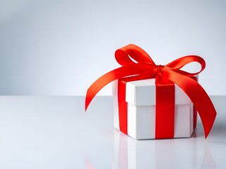 Elegant gift box with red ribbon on white surface