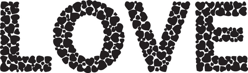 The word love spelled out with small black heart shapes on a white background