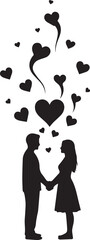 Silhouette couple holding hands with hearts floating upwards