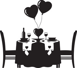 Romantic dinner setting with heart balloons and wine