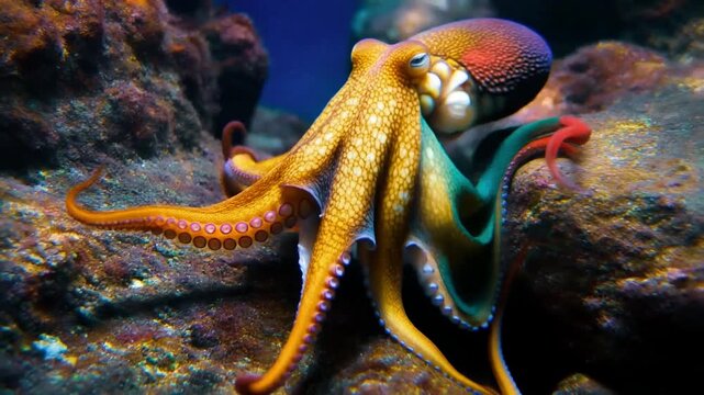 Close-up of a camouflaging cephalopod navigating a coral reef featuring realistic skin texture and color shifts, 3D render.