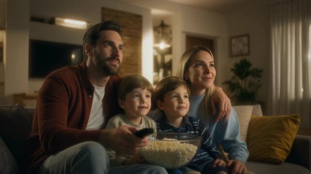 A happy family with two young boys enjoying a movie night at home, eating popcorn and watching TV together in their cozy living room.