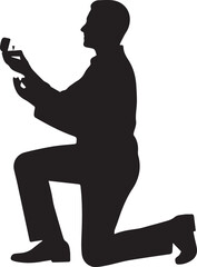 Silhouette of a man proposing on one knee with a ring