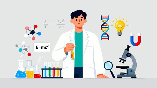 scientist with lab equipment and science symbols