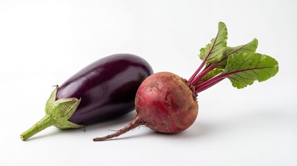 A fresh combination of vibrant purple eggplant and an earthy red beetroot with green leaves