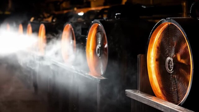 Medium shot of air cooling system in copper extrusion showcasing fans blowing cool air over hot copper rods to rapidly decrease temperature