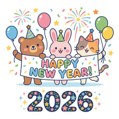 Fototapeta premium Charming animal friends usher in the New Year 2026 with joyful banners, colorful balloons, and festive fireworks, celebrating new beginnings and happiness