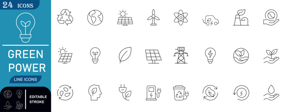 Set of 24 green power line icons featuring solar energy, wind turbines, recycling, and eco-friendly tech. Perfect for sustainability projects and clean energy UI.