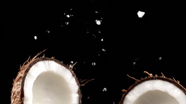 Coconut water splashing out of cracked coconut on black background